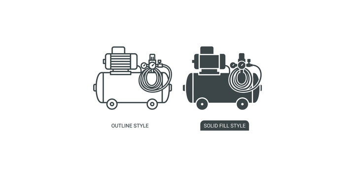 Air compressor machine icons in outline and solid fill styles for industrial equipment and hardware store branding.