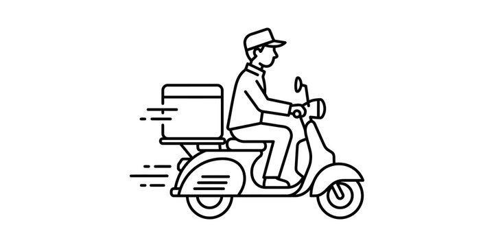 Delivery courier riding scooter with cargo box linear icon for logistics and transportation services.