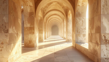 Fototapeta premium Endless stone archway corridor with dramatic sunlight and shadows, creating a sense of mystery and grandeur