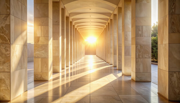 Sunlight streaming through a colonnade of marble pillars creating long shadows on a polished floor