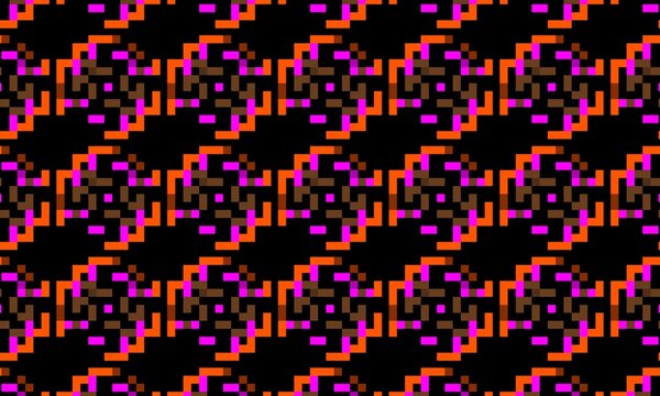 Seamless pixel art geometric pattern with orange, magenta pink, and brown interlocking square tiles over a solid black background.