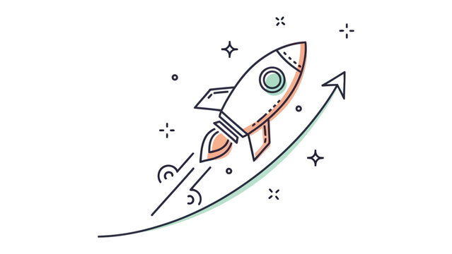 Space rocket ship launching upward on curved trajectory