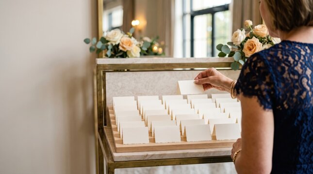 Wedding guest picking up blank escort place card from wooden display stand at reception