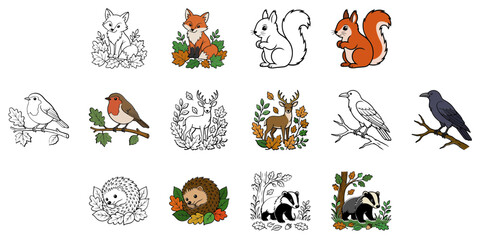 Obraz premium Collection of cute cartoon woodland animals, including a fox, squirrel, robin, deer, raven, hedgehog, and badger, surrounded by autumn leaves, perfect for children's illustrations and designs.