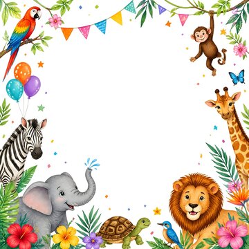 Watercolor jungle animal border frame with tropical flowers and party bunting flags
