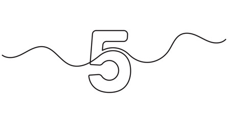 Obraz premium Number five continuous line drawing, single stroke mathematical digit, sleek outline art, editable stroke.