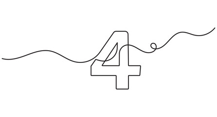 Obraz premium Number four continuous line drawing, single stroke mathematical digit, sleek outline art, editable stroke.