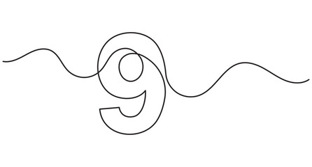 Obraz premium Number nine continuous line drawing, single stroke contour graphic, elegant outline art, editable stroke.