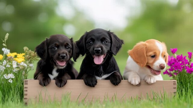 Three puppies look around and shift together inside a wooden box surrounded by colorful garden flowers