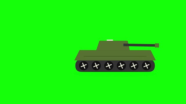 Animation icon of a military tank in flat design style isolated on green screen background for video editing, side view of olive green armored combat vehicle with turret and barrel.
