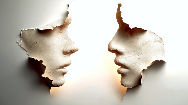 Abstract Cracked Wall Faces Symbolizing Human Division and Conflict