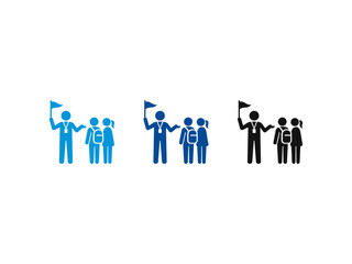 Obraz premium Tour guide leading students with flag icon set in multiple colors.