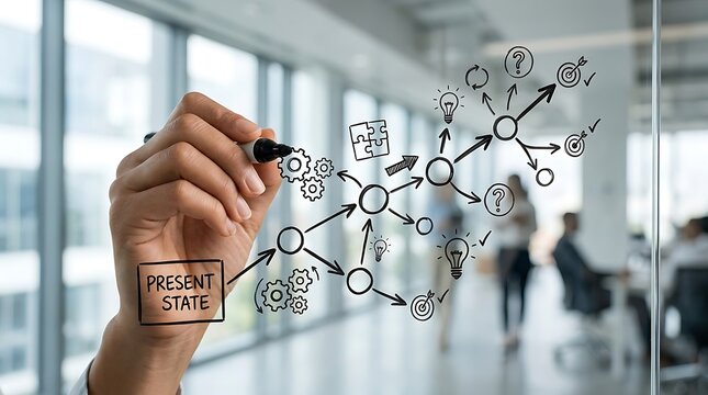 Business professional drawing a complex flow chart on a glass wall in modern office.