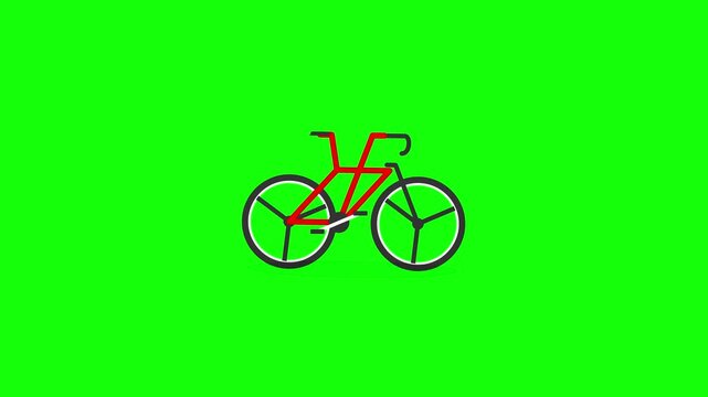 Flat design red road bicycle animation icon isolated on a bright green chroma key background, featuring a minimalist vector illustration of a racing bike with black wheels and frame.