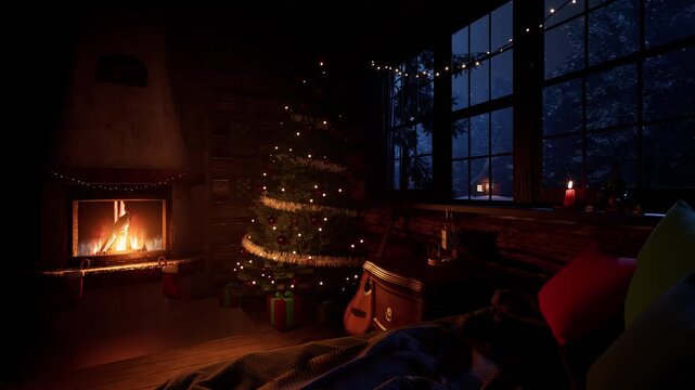 Cozy Christmas Cabin Fireplace Interior 3D Animation