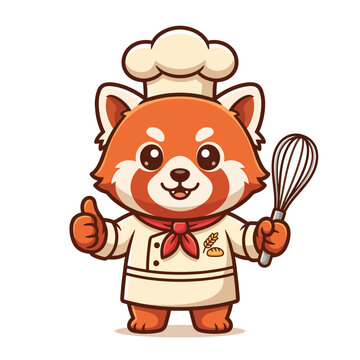 Cute red panda chef cartoon mascot vector, kawaii cooking character with whisk and hat, orange and white animal logo for restaurant branding