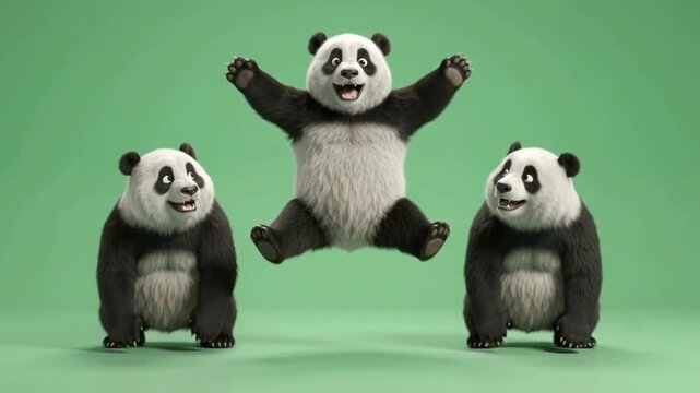 Three cute pandas as a dancing bear group in 3D animation