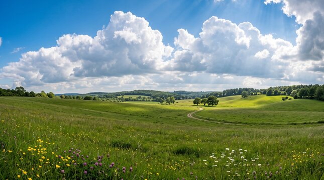 Panoramic summer landscape with green rolling hills, lush meadow under blue sky with white clouds, idyllic countryside nature scenery