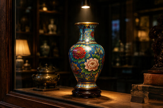 Antique shop window display featuring a cloisonne vase under a spotlight.