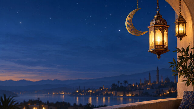 Golden crescent moon and ornate lanterns over a night city with minarets under a deep blue sky