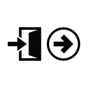 Door opening with arrow and circular exit sign black silhouette