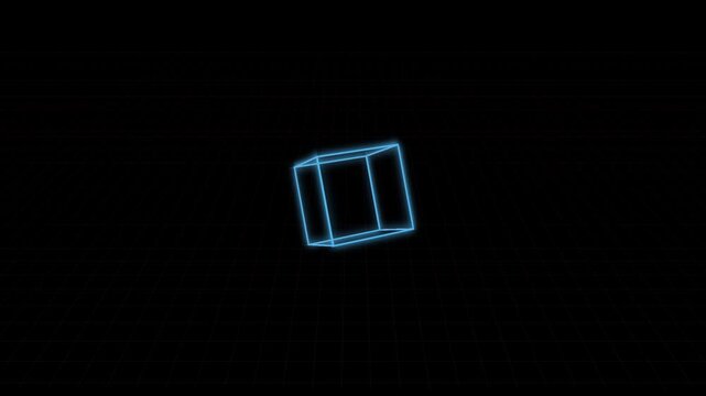 Glowing neon wireframe cubes rotating in dark space