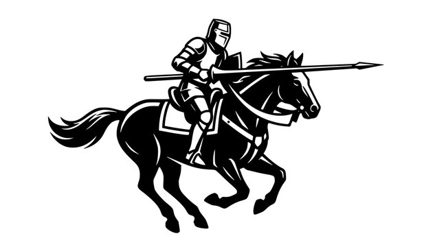 Medieval Knight in Armor Riding Galloping Horse with Spear