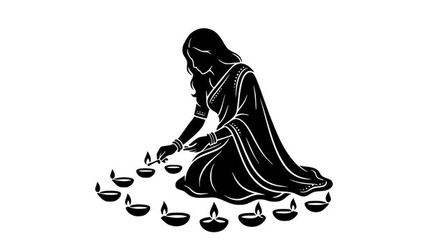 Indian Woman Lighting Diya Oil Lamps for Diwali Festival