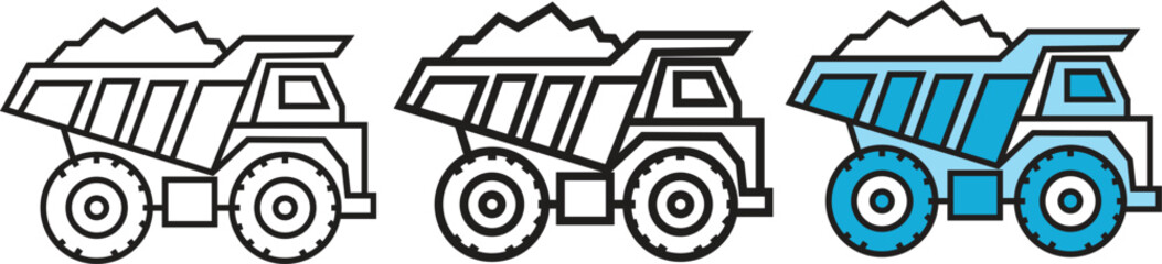 Heavy Mining Dump Truck Icons for Construction Machinery and Industrial UI Design in Thin Line, Bold Line, and Flat Color. © MAJNU