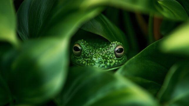 Frog hidden among green leaves in a tropical rainforest, only its eyes and head clearly visible, mysterious mood