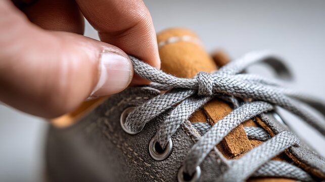 Woman in stylish sneakers tying shoe laces in shop
