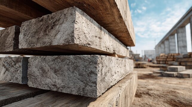Stacked concrete blocks rest on wooden pallets