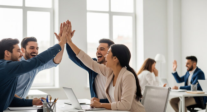 Happy professional business colleagues celebrating a great achievement with a high five perfectly representing team motivation and victory