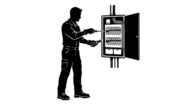 Electrician Repairing Electrical Circuit Panel Box Vector