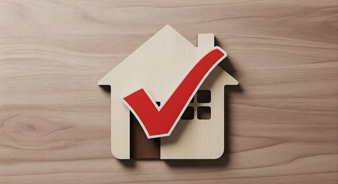 A small wooden house model with a red checkmark symbol on a wooden surface representing home inspection or approval.