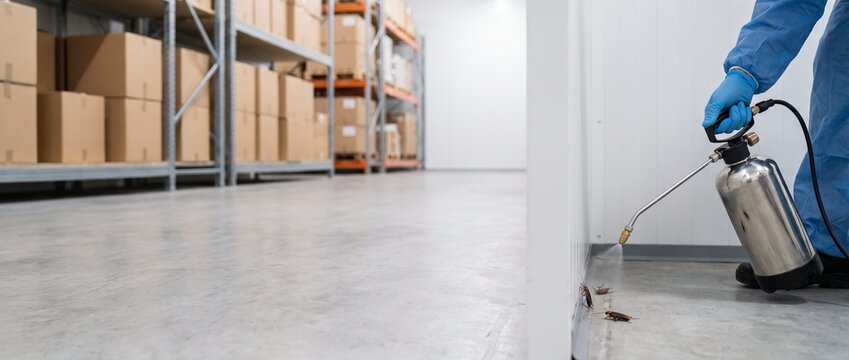  Professional pest control worker in a protective suit spraying pesticide on cockroaches on the floor of a commercial food storage warehouse. Sanitation service concept