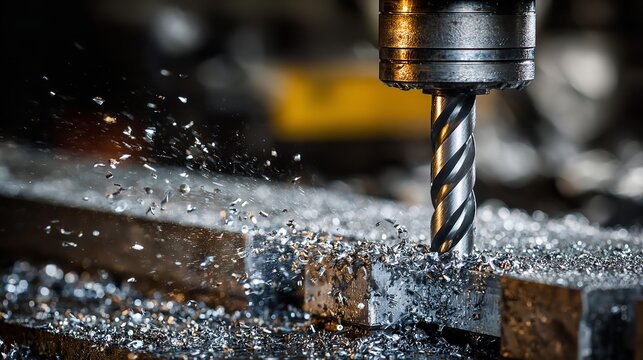 A cinematic close-up of a drill precisely boring into a solid aluminum block, sparks and metal shavings flying under dramatic lighting, highlighting industrial craftsmanship and precision engineering