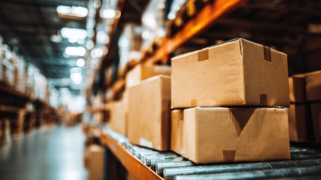 Stacked cardboard boxes sit on a conveyor belt