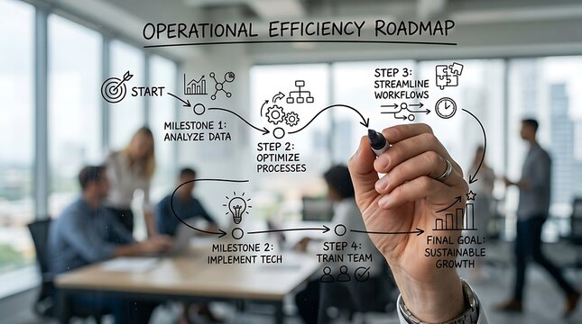 Business professional drawing an operational efficiency roadmap on a glass wall during a team meeting.
