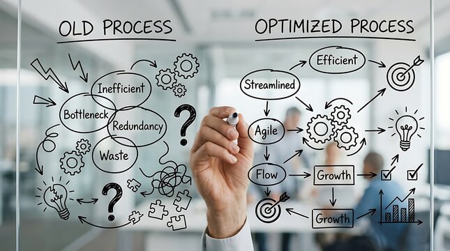 Business professional drawing a comparison between old and optimized processes on a glass board.