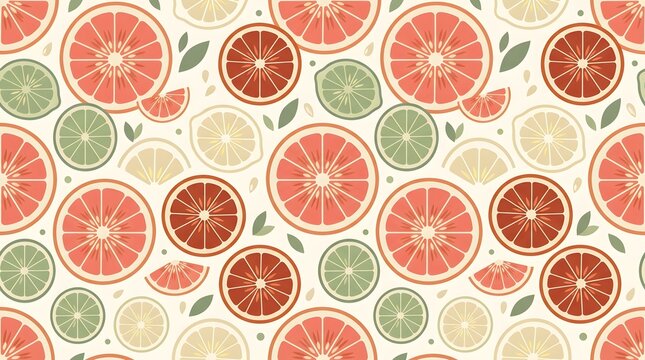 Vintage citrus fruit pattern with orange and grapefruit slices, retro seamless background with lemon and lime illustrations, summer fruit wallpaper