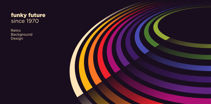 Abstract retro background featuring colorful curved lines in a flowing circular composition. Vector illustration.