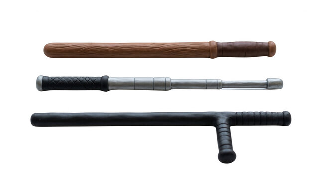 Collection of various self defense batons showing different designs and materials for personal safety