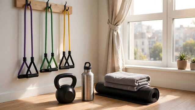 Home fitness trainer demonstrating resistance band exercises in bright living room with kettlebell and water bottle
