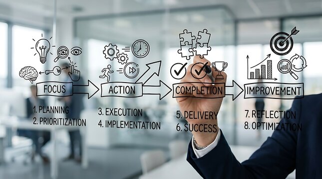 Business professional drawing a strategic workflow diagram on a glass wall in modern office.