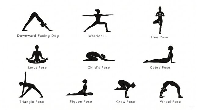 Set of ten basic yoga asana vector icons showing female silhouettes in workout postures