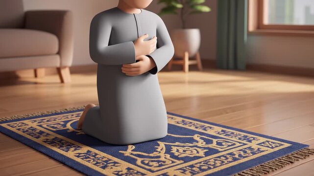 3D Cartoon Muslim Character Starting Prayer On A Prayer Mat