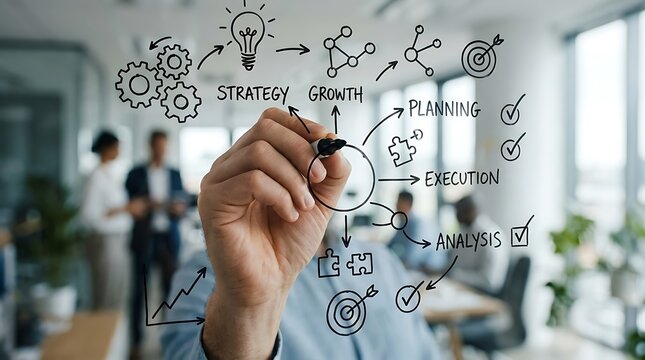 Business professional drawing a strategic growth plan on a glass wall in modern office.