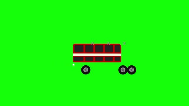 Red double decker bus animation icon isolated on chroma key green screen. Stylized flat vector transportation vehicle graphic with wheels and geometric details for motion design.