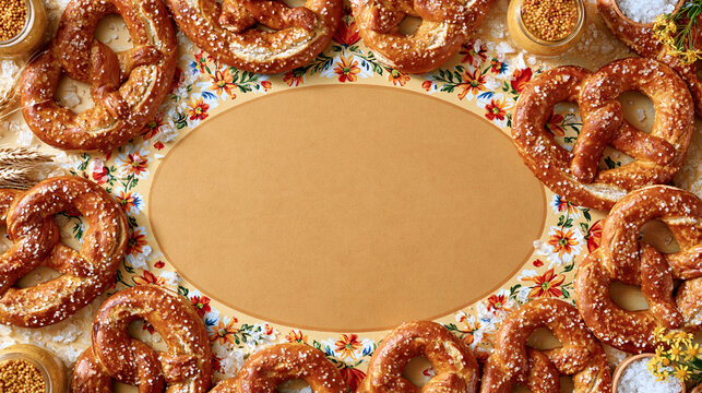 Whimsical celebration card template for national pretzel day october twenty-sixth with illustrated twisted pretzels, mustard jars, salt crystals, and Bavarian folk floral motifs